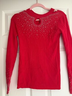 Girls' Red Long Sleeve Knit Top with Rhinestone Detail